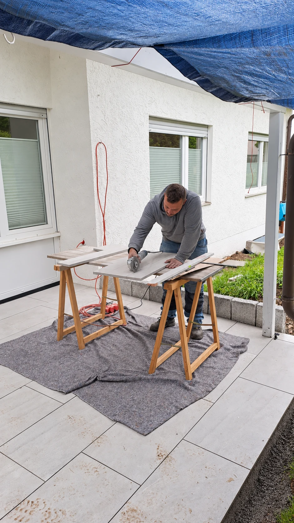 Handwerklicher Zuschnitt einer Terrassenplatte im Außenbereich